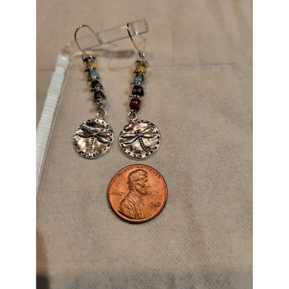 New Vintage Boho Beaded Dragonfly Pendant Earrings With Natural Stones, 1pr - Picture 6 of 7